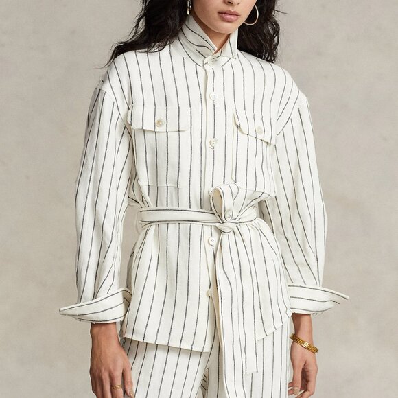 New Ralph Lauren 100% Linen Striped Belted Utility Shirt Jacket Sz 8 Cream $298 - Picture 1 of 15